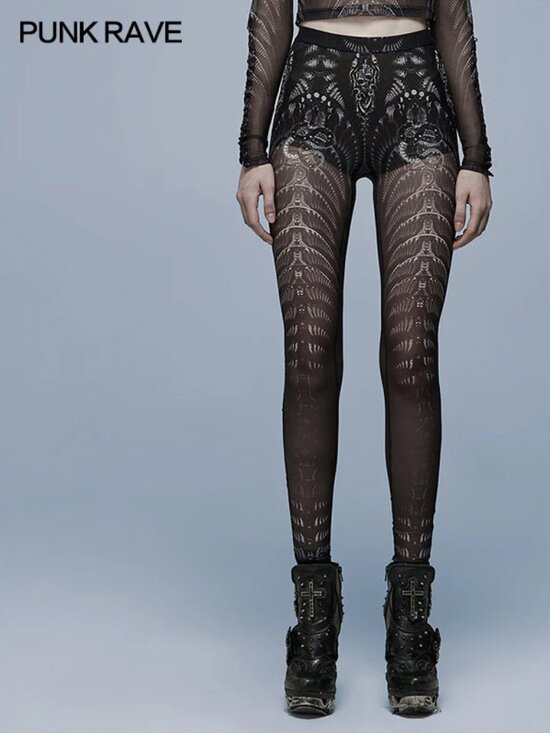Punk Rave Pants - PUNK RAVE cybergoth skeleton print goth sheer leggings